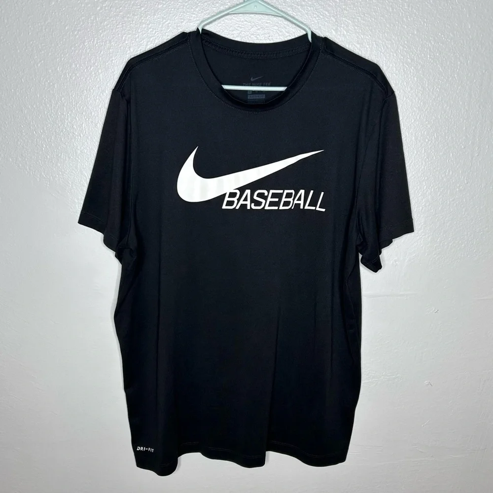 Nike Black Baseball Short Sleeve Tee with White Swoosh Logo Men